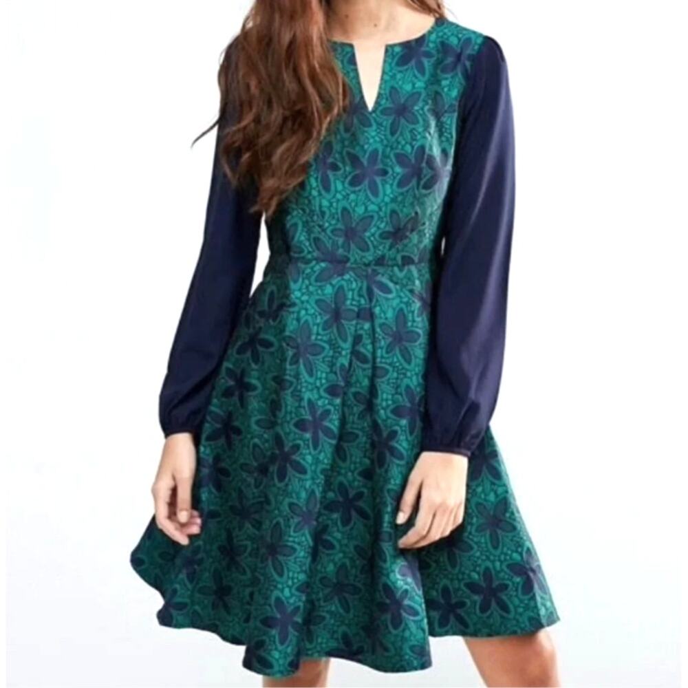 Traffic People Womens L Green Navy Floral Sheer Sleeve Midi Dress NEW